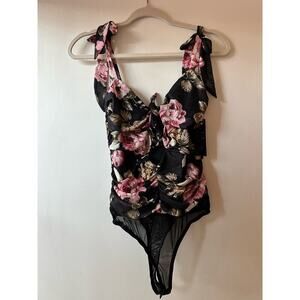 NWT Lulus Keep Blooming Black Floral‎ Cutout Knotted Tie Mesh Bodysuit Size S